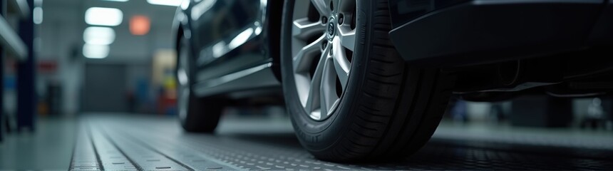 A close up of a car on a metal floor in a garage