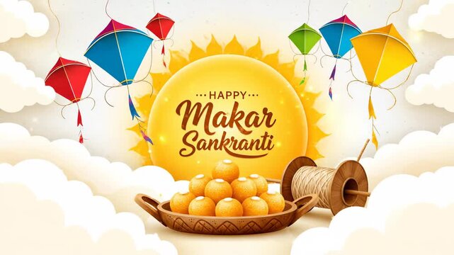 Happy Makar Sankranti Greeting Banner with Sun Kites and Ladoo