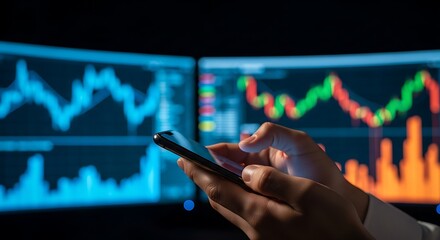 Person analyzing stock market data on smartphone with financial charts in background