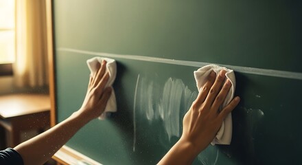 Person Cleaning Chalkboard with Cloth in Classroom