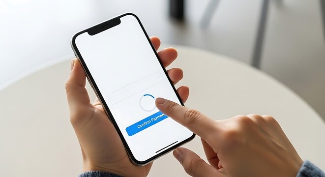 Person Confirming Payment on Smartphone Screen - Powered by Adobe