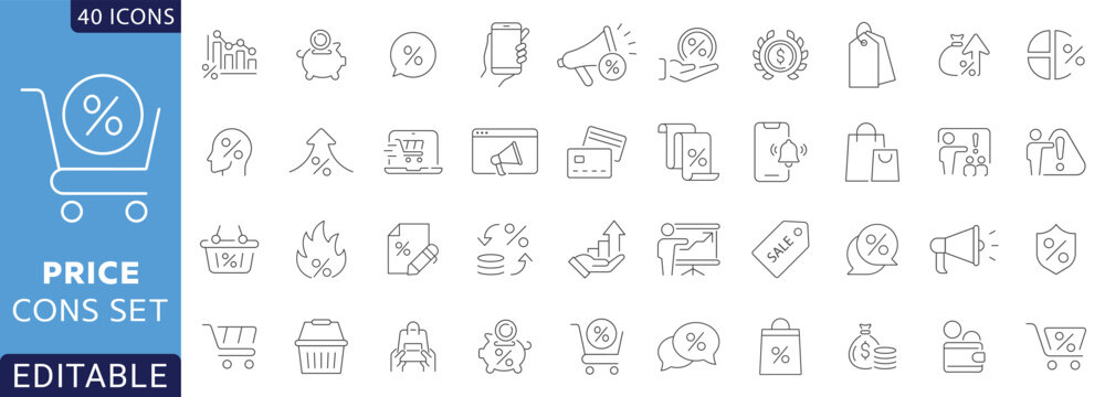 Price line icon set. Containing price, price tag, cost, quotation, invoice, estimate, product, discount and more. Fully Editable . Vector illustration.