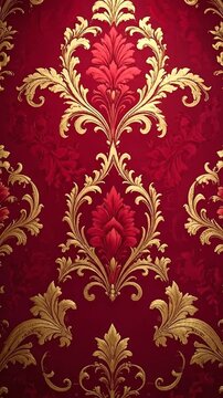 A detailed image of a red background with gold floral elements, creating an elegant pattern