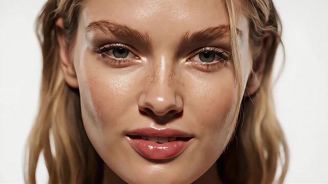 Close-up of a beautiful young woman's face with clear, glowing skin, natural makeup, and glossy lips, looking directly at the camera against a bright background, ideal for beauty, skincare, cosmetic
