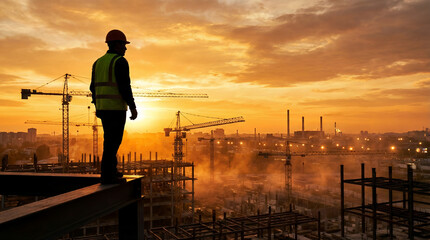 Fototapeta premium A construction worker stands on a high beam overlooking a vast industrial site with cranes and buildings at sunrise.