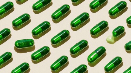 Overhead shot of numerous green capsules aligned in diagonal rows on a beige surface, one pill differing in color