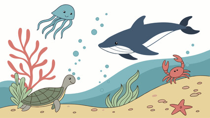 Cute Cartoon Sea Animals Vector Illustration Happy Marine Life Scene for Kids Education and Nature Design