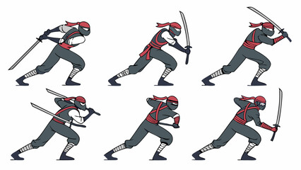 Obraz premium Japanese Ninja Warrior Character Poses Set Vector Illustration Katana Sword Action Stance Martial Arts Combat Game Asset