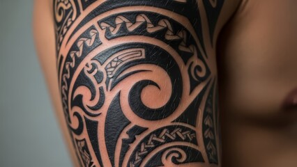 Intricate tribal tattoo on human arm.