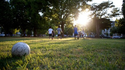 Youngsters in motion chasing a soccer ball across a grassy park, bathed in warm sunlight; other figures visible