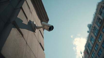 Low-angle shot of a security camera mounted on a stone building, with partial view of adjacent structure and blue sky