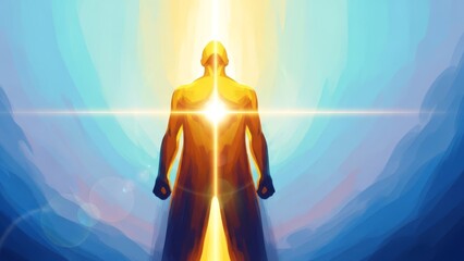 Man Standing with Glowing Aura and Mountains.