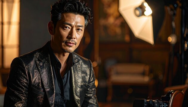 Confident Asian man in stylish jacket looking directly at camera.