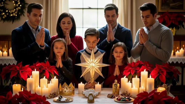 Family gathers and prays at table with Epiphany decorations. Christian celebration with three kings crown and star. Spiritual worship and tradition.