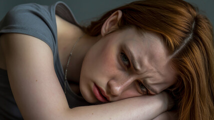 Close up portrait of a young woman with red hair looking sad and withdrawn with eyes closed