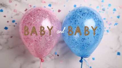 Two glitter-covered balloons, one pink, one blue, labeled "BABY" against marble background with scattered confetti