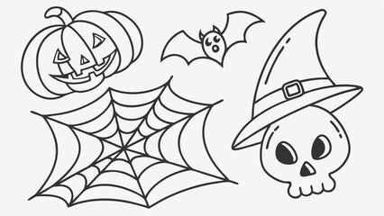 Halloween Outline Doodle Set Jack O Lantern Skull Witch Hat Bat Spiderweb Icons for Seasonal Design and Coloring Book Pages