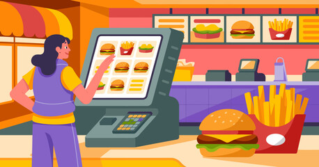 This image features a stylish fast food kiosk where a customer interacts with a digital menu displaying various burgers and sides in a vibrant, inviting atmosphere.