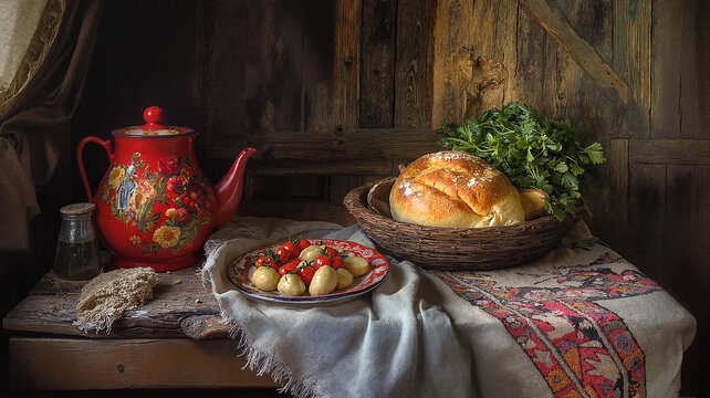Traditional wooden table with bread, tea pot, and vegetables - Powered by Adobe