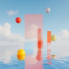 Floating geometric shapes reflecting in calm water under blue sky digital art serene environment