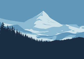 A captivating mountain scene rendered in cool shades of blue, evoking feelings of chill, serenity, and the grandeur of nature in a minimalist and artistic representation.
