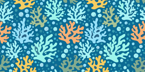 Obraz premium A vibrant seamless pattern of colorful coral and bubbles beneath the sea