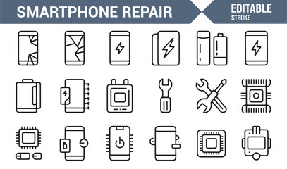 Mobile phone maintenance and repair line icon set