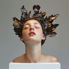 Artistic portrait of a woman with nature-inspired crown studio setting fine art close-up view