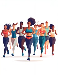 Fototapeta premium Diverse group of women running together, showcasing fitness, health, and community spirit in a vibrant, energetic illustration.