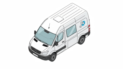 White cargo delivery van, commercial service vehicle isometric front top view PNG, generic panel van with branding space isolated on white background for logistics, courier, transport design