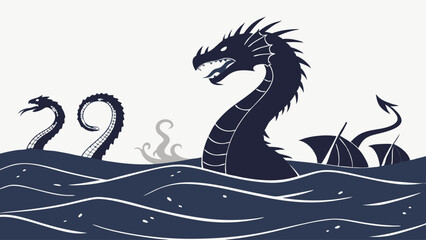 Obraz premium Mythical Sea Serpent Attacking Ships Giant Dragon Monster Rises from Dark Ocean Waves Nautical Fantasy Illustration Vector Graphic Design Element
