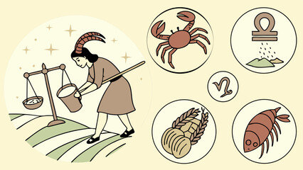 Vintage Style Astrological Horoscope Design Featuring Capricorn Woman Balancing Scales and Multiple Zodiac Symbols Retro Illustration