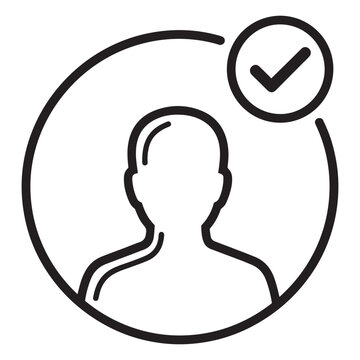 Black outline icon of person silhouette inside circle with checkmark vector