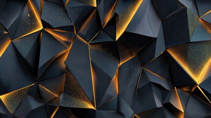 Abstract Dark Triangular Facets with Golden Light Glowing Edges Background