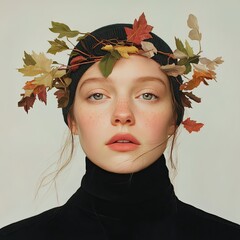 Close-up of young woman in autumn leaves emotive studio photography with minimalist aesthetic