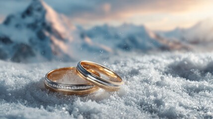 Two wedding rings rest in pristine snow with a stunning snow capped mountain backdrop at sunrise or sunset