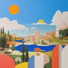 Vibrant landscape art featuring rivers and mountains under bright sun nature illustrative scene