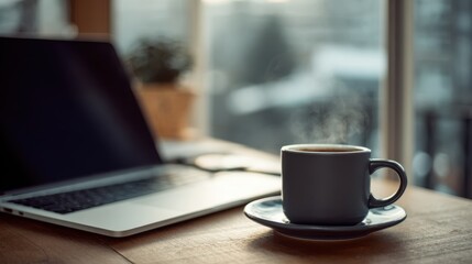 Cozy Morning Workspace with Coffee and Laptop on Wooden Table