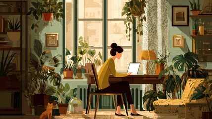 Cozy Indoor Workspace with Plants and a Woman Using a Laptop
