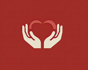 Vector illustration of two hands cupping a heart shape against a red background