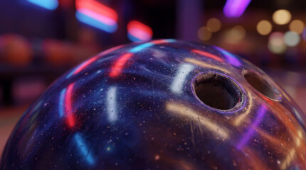 A close-up of a blue bowling ball with signs of use such as scratches and neon club reflections