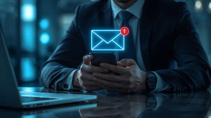 A businessman in a dark suit is depicted at a modern office desk, holding a smartphone. Above the phone, a glowing holographic email envelope icon shows a red notification badge indicating a new messa