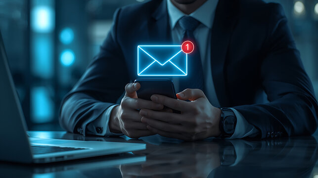 A businessman in a dark suit is depicted at a modern office desk, holding a smartphone. Above the phone, a glowing holographic email envelope icon shows a red notification badge indicating a new messa - Powered by Adobe