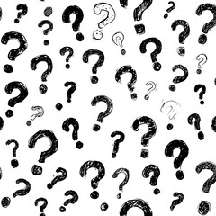 Black sketched question marks scattered on a white background, repeating in a random pattern