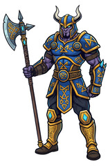 Obraz premium A powerful purple-skinned fantasy warrior in blue and gold armor with a horned helmet, holding a large ornate battle axe.