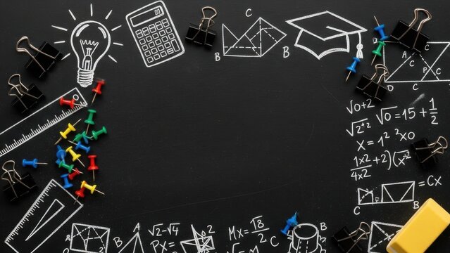 Black chalkboard with educational supplies and complex math equations - Powered by Adobe