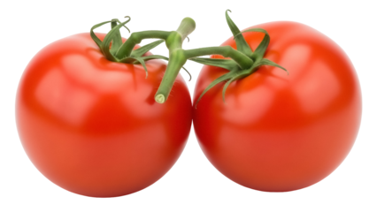 Two fresh red tomatoes with green stem isolated PNG, ripe vegetables on transparent background for healthy eating and cooking