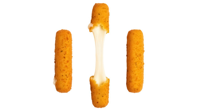 Delicious mozzarella sticks isolated PNG, crispy fried cheese sticks with stringy cheese pull on transparent background, appetizer snack