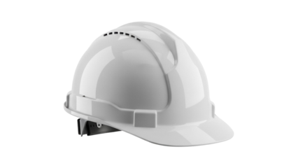 White construction hard hat PNG isolated on transparent background, safety helmet for industrial work and personal protection equipment