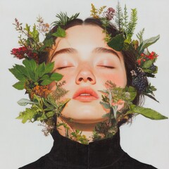 Creative close-up beauty woman portrait surrounded by blossoms in nature-inspired setting